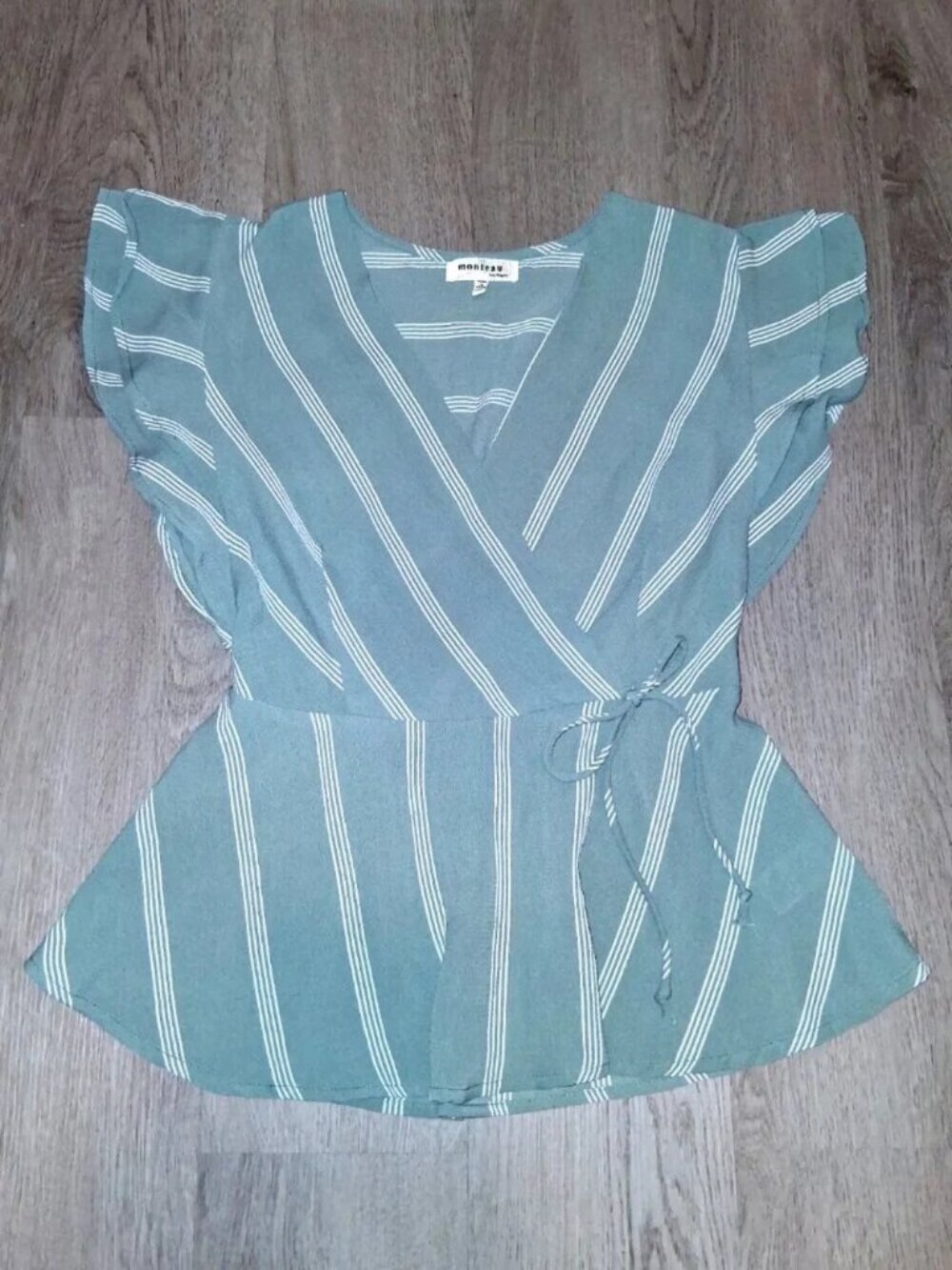 Monteau Green and White Striped Ruffled Wrap Top Shirt Blouse Size Medium